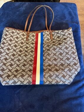 Juicy Couture Brown Monogram Tote with Red, Yellow, and Blue Stripe